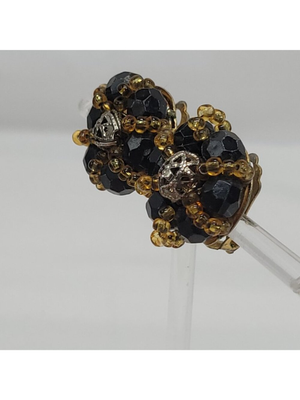 Vintage Black & Amber Beaded Clip-On Earrings Gold-Tone Backing Retro Jewelry - Picture 7 of 9